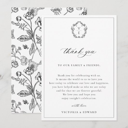  Zwart Crest Bruiloft Receptie Tafel Bedankkaart (Voorkant / Achterkant)