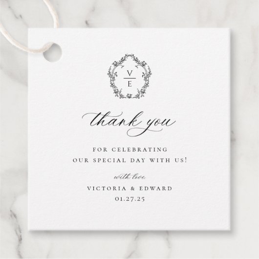  zwart crest monogram bruiloft dank u bedankjes labels (Voorkant)