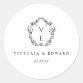 Zwart Crest Monogram Bruiloft Envelop Afdichting Ronde Sticker (Voorkant)