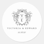 Zwart Crest Monogram Bruiloft Envelop Afdichting Ronde Sticker (Voorkant)