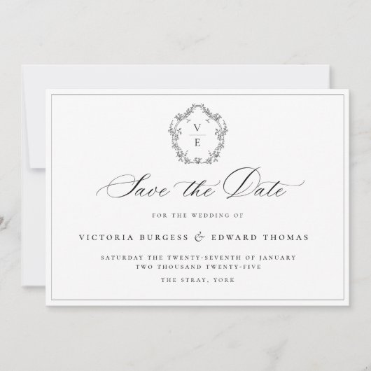 zwart crest monogram bruiloft QR-code Save The Date (Voorkant)