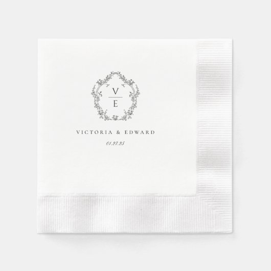  zwart crest monogram bruiloft servet (Voorkant)