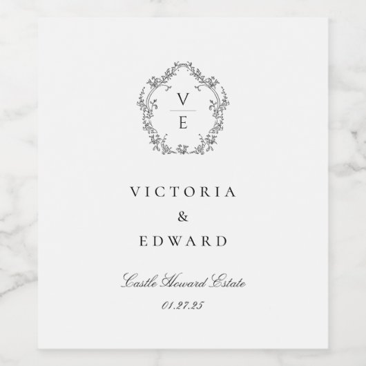  zwart crest monogram bruiloft wijn etiket (Enkel label)
