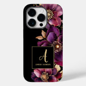Zwart Custom Monogram Paarse Bloemen Case-Mate iPhone Case (Achterkant)