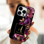 Zwart Custom Monogram Paarse Bloemen Case-Mate iPhone Case