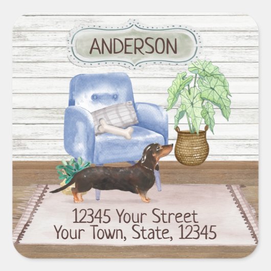 Zwart Dachshund Gezellig Nieuw Thuisadres Vierkante Sticker (Voorkant)