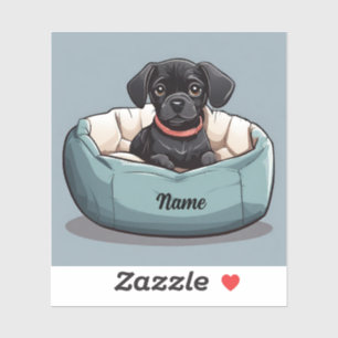 Zwart Dachshund Zittend in Hondenbed Pas Naam aan Sticker