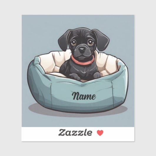 Zwart Dachshund Zittend in Hondenbed Pas Naam aan Sticker (Vel)