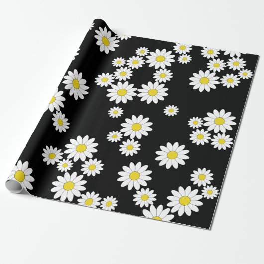 Zwart Daisy Wrapping Paper Cadeaupapier (Uitgerold)