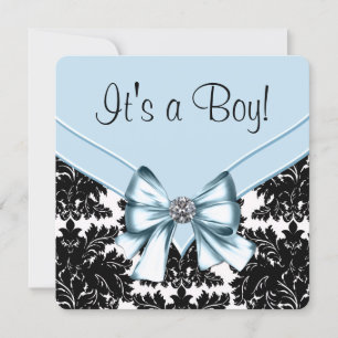 Zwart Damasblauw en zwart Baby shower Kaart