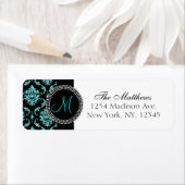 Zwart Damask Aqua Glitter Gedrukt Monogram Etiket (Insitu)