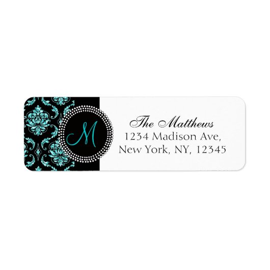 Zwart Damask Aqua Glitter Gedrukt Monogram Etiket (Voorkant)