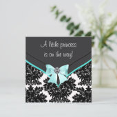 Zwart Damask Blauwgroen Blue Bow Princess Baby sho Kaart (Staand voorkant)