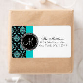 Zwart Damask Blauwgroen Glitter Gedrukt Monogram Etiket (Insitu)