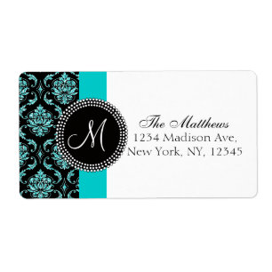 Zwart Damask Blauwgroen Glitter Gedrukt Monogram Etiket