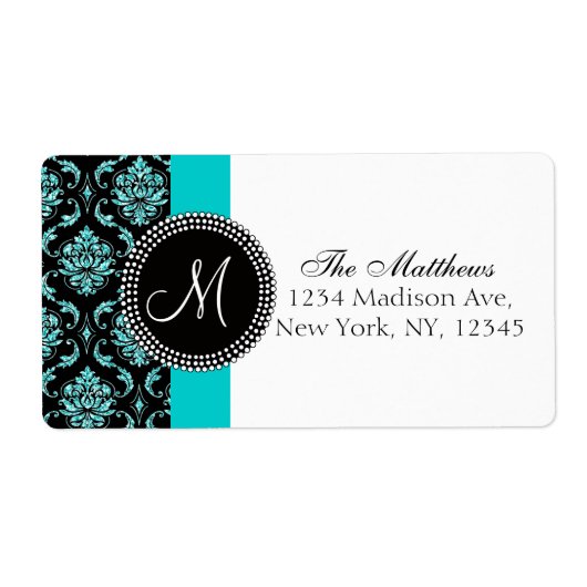 Zwart Damask Blauwgroen Glitter Gedrukt Monogram Etiket (Voorkant)