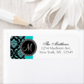 Zwart Damask Blauwgroen Glitter Gedrukt Monogram Etiket (Insitu)
