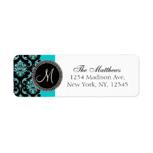 Zwart Damask Blauwgroen Glitter Gedrukt Monogram Etiket