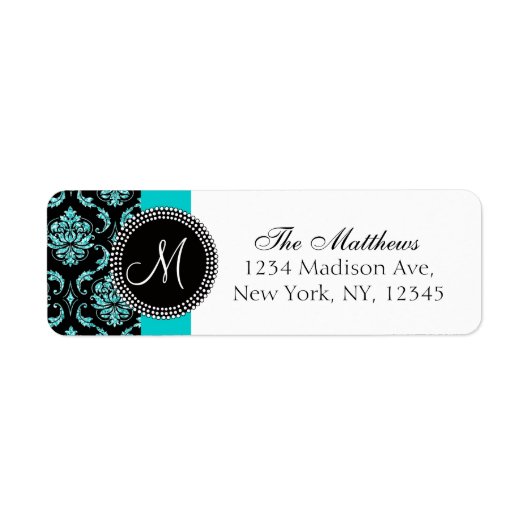 Zwart Damask Blauwgroen Glitter Gedrukt Monogram Etiket (Voorkant)