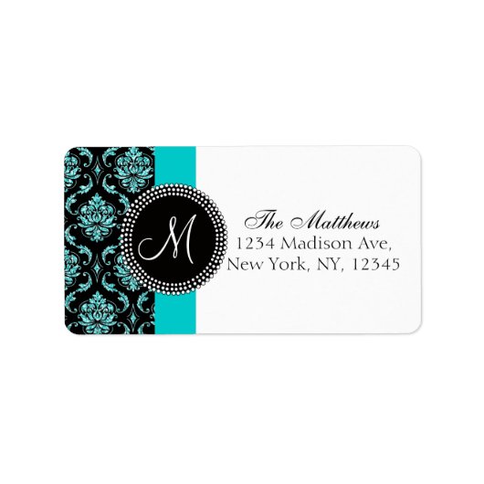 Zwart Damask Blauwgroen Glitter Gedrukt Monogram Etiket (Voorkant)