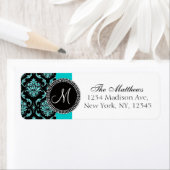 Zwart Damask Blauwgroen Glitter Gedrukt Monogram Etiket (Insitu)