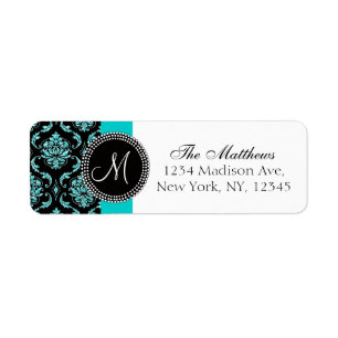 Zwart Damask Blauwgroen Glitter Gedrukt Monogram Etiket
