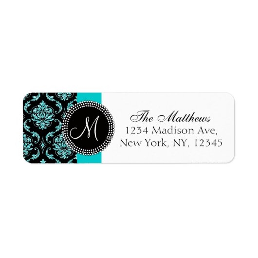 Zwart Damask Blauwgroen Glitter Gedrukt Monogram Etiket (Voorkant)