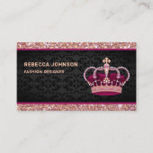 Zwart Damask Faux Roos Gold Glitter Pink Crown Visitekaartje (Voorkant)