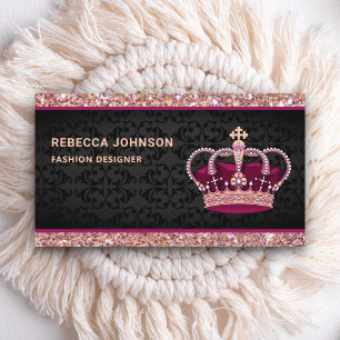 Zwart Damask Faux Roos Gold Glitter Pink Crown Visitekaartje