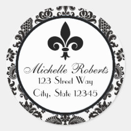 Zwart Damask Fleur De Lys Adreslabel Ronde Sticker