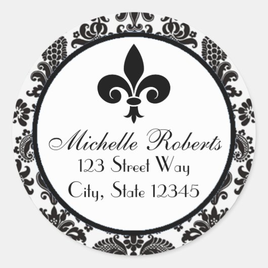 Zwart Damask Fleur De Lys Adreslabel Ronde Sticker (Voorkant)