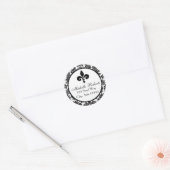Zwart Damask Fleur De Lys Adreslabel Ronde Sticker (Envelop)