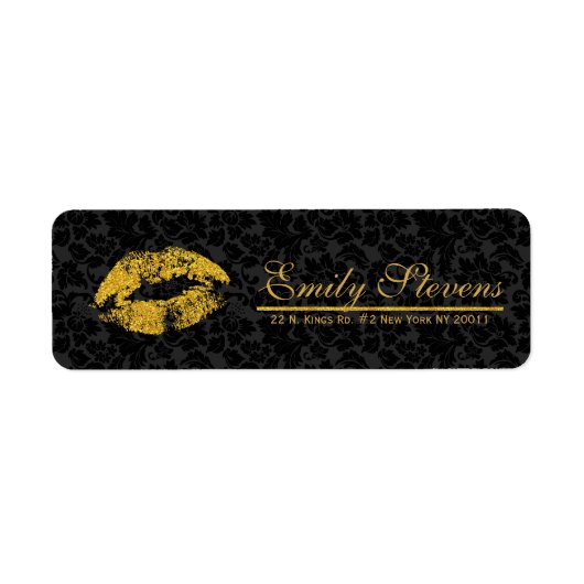 Zwart Damask Gold Glitter Lips Etiket (Voorkant)
