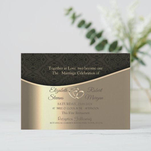 Zwart Damask Gold Hearts Bruiloft & Registry Kaart (Staand voorkant)