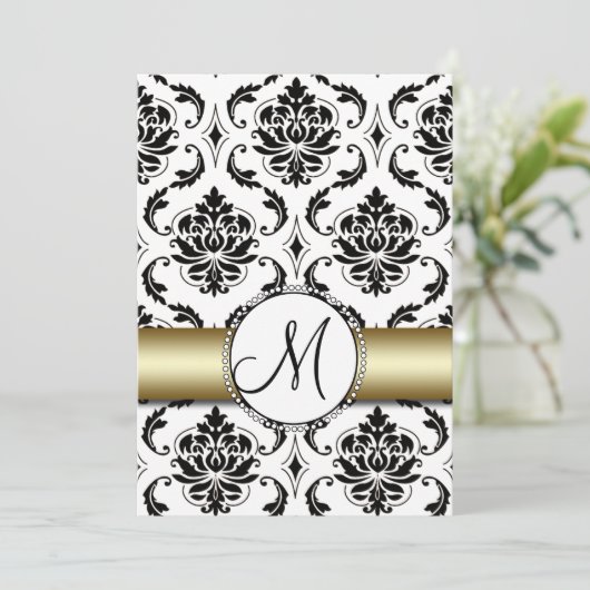 Zwart Damask Goud Bruiloft Uitnodiging (Staand voorkant)