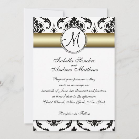Zwart Damask Goud Bruiloft Uitnodiging (Achterkant)