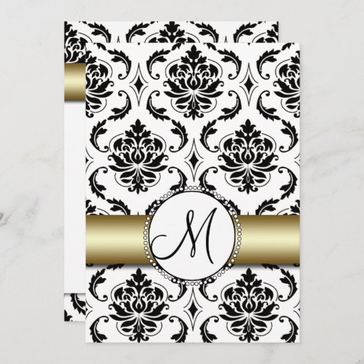 Zwart Damask Goud Bruiloft Uitnodiging (Voorkant / Achterkant)
