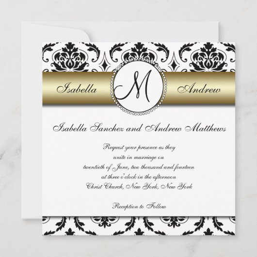 Zwart Damask Goud Bruiloft Uitnodiging (Achterkant)