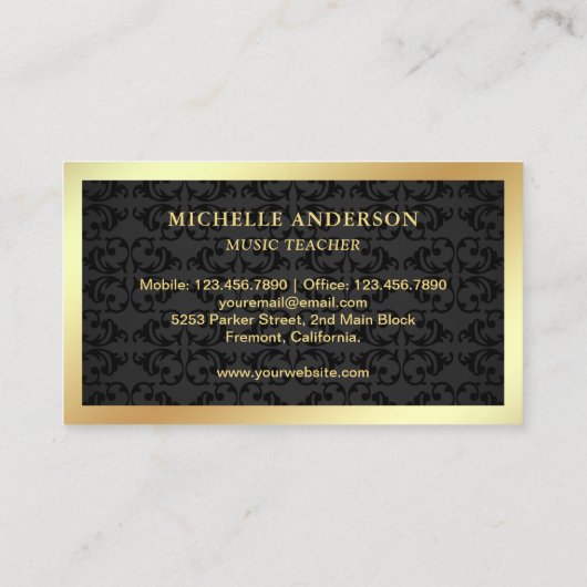 Zwart Damask Gouden Piano Toetsenbord Leraar Piani Visitekaartje (Achterkant)