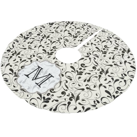 Zwart Damask Lace Monogram Initiaal Tree Rok Kerstboom Rok (Gekanteld)