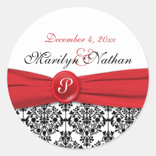 Zwart Damask met Poppy Red 1,5" ronde Sticker (Voorkant)