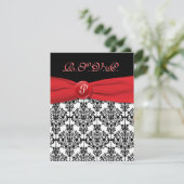 Zwart Damask met Poppy Red RSVP-kaart RSVP Kaartje (Staand voorkant)