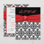 Zwart Damask met Poppy Red RSVP-kaart RSVP Kaartje (Voorkant / Achterkant)