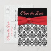 Zwart Damask met Poppy Red Save the Date Briefkaar Aankondigingskaart (Voorkant / Achterkant)