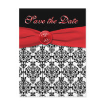 Zwart Damask met Poppy Red Save the Date Briefkaar