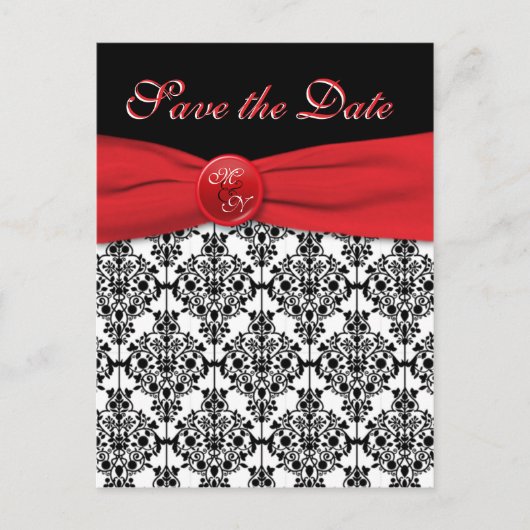 Zwart Damask met Poppy Red Save the Date Briefkaar Aankondigingskaart (Voorkant)