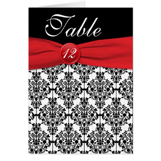 Zwart Damask met Poppy Red Table Number Kaart (Voorkant)