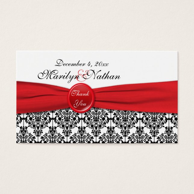 Zwart Damask met Poppy Red Wedding Favor Label Visitekaartjes (Voorkant)