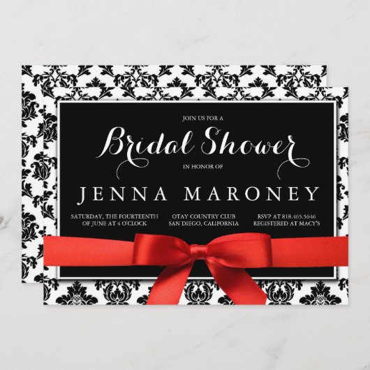 Zwart Damask met rood lint Vrijgezellenfeest Kaart (Voorkant / Achterkant)