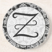 Zwart Damask Monogram Gepersonaliseerd Onderzetter (Voorkant)